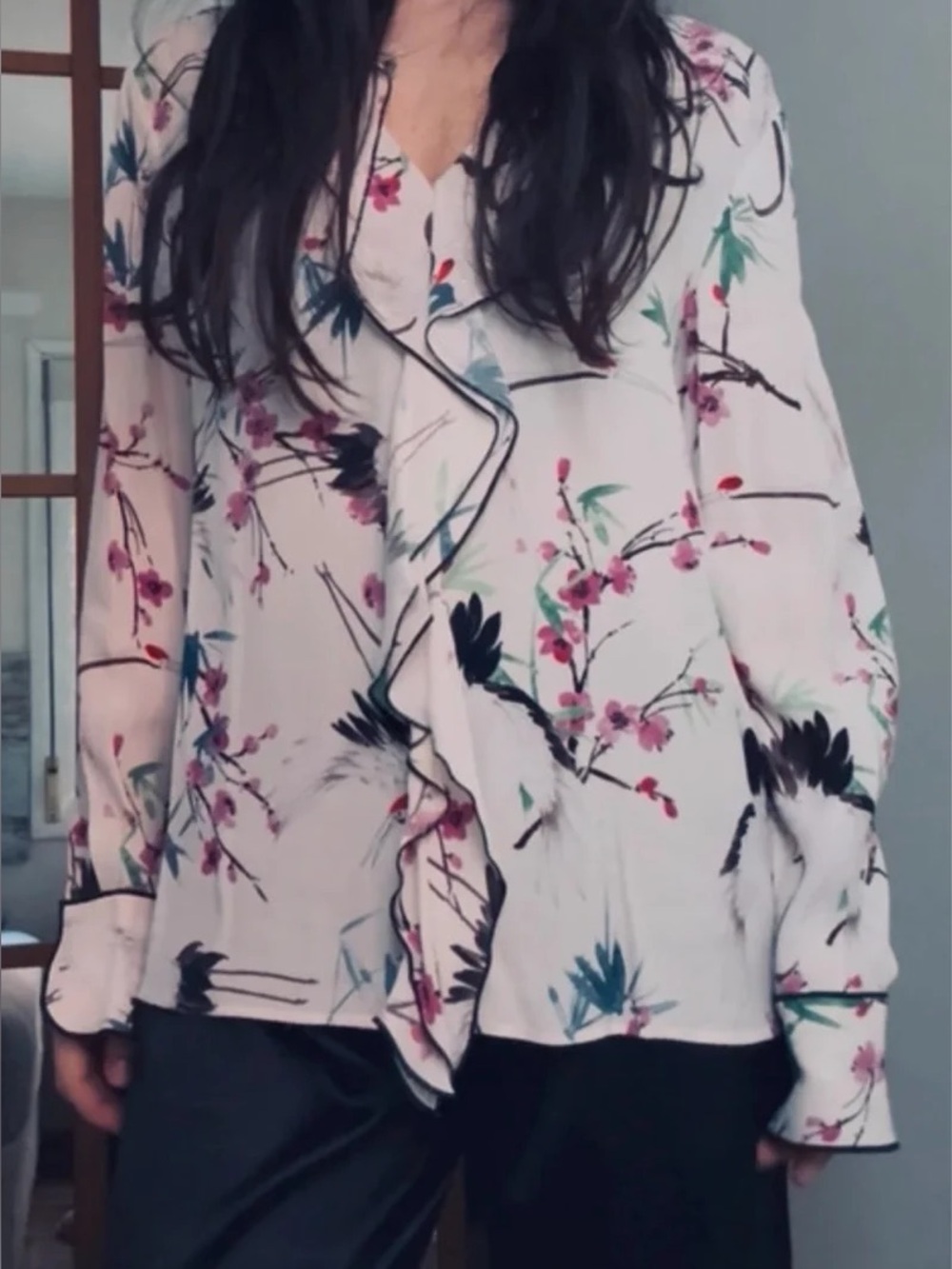Zara Floral Ruffle V-Neck Blouse